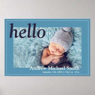 Poster Faire-part de naissance photo bleu moderne