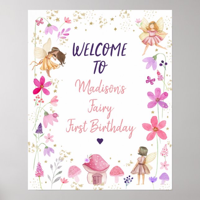 Poster Fairy First Birday Enchanted Garden Bienvenue (Devant)