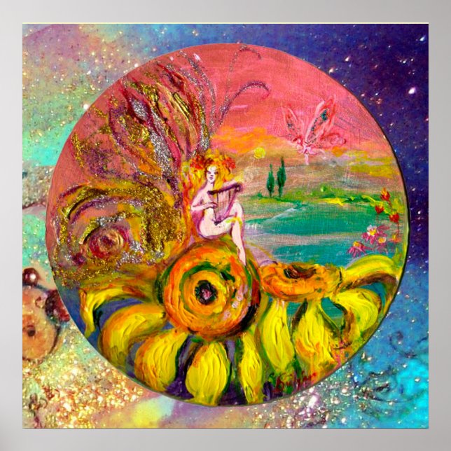 Poster FAIRY OF THE SUNFLOWERS jaune orange rose étincela (Devant)