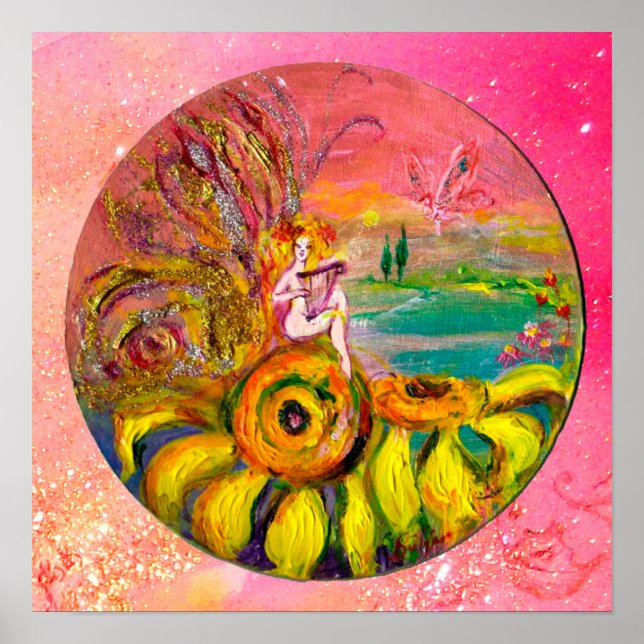 Poster FAIRY OF THE SUNFLOWERS jaune rose étincelles (Devant)