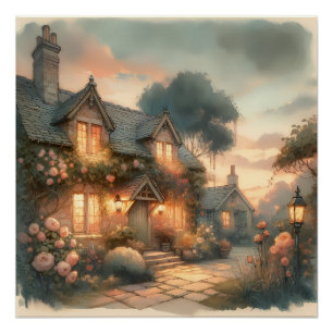 Poster Fairytale Cottage au coucher du soleil avec Rose