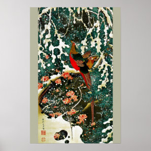 Poster Faisans dans la neige, pin, roses, fleurs japonais