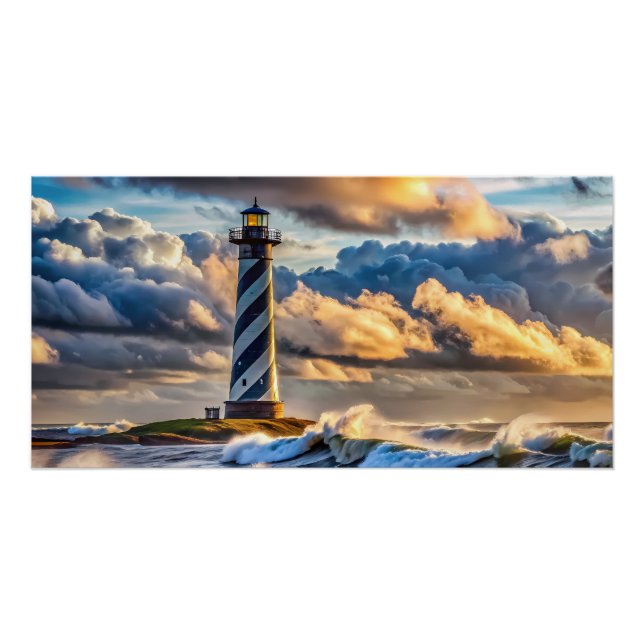 Poster Faisceau du phare spectaculaire avec des vagues or (Devant)