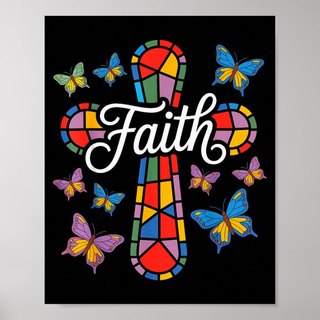 Poster Faith Cross Butterflies And Flowers Christian  (Devant)