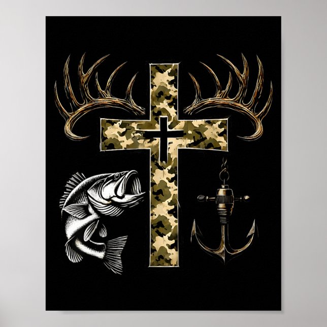 Poster Faith Fishing Hunting Camo Cross With Hook B Chris (Devant)