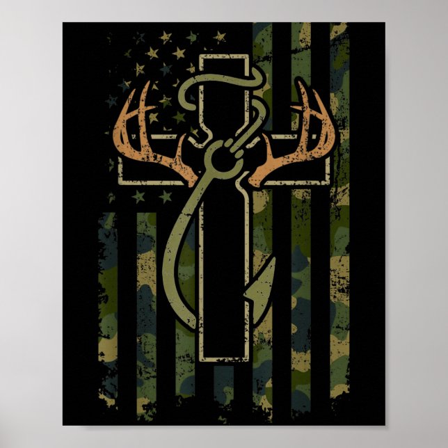 Poster Faith Fishing Hunting Camo Us Flag Cross With Hook (Devant)