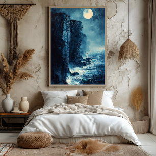 Poster Falaises Océaniques au Clair de Lune en Bleu Monoc
