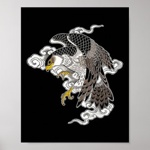 Poster Falcon Hawk Flying X Japonais Nuages Tattoo Flash