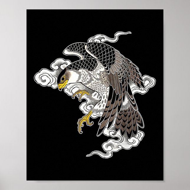 Poster Falcon Hawk Flying X Japonais Nuages Tattoo Flash (Devant)