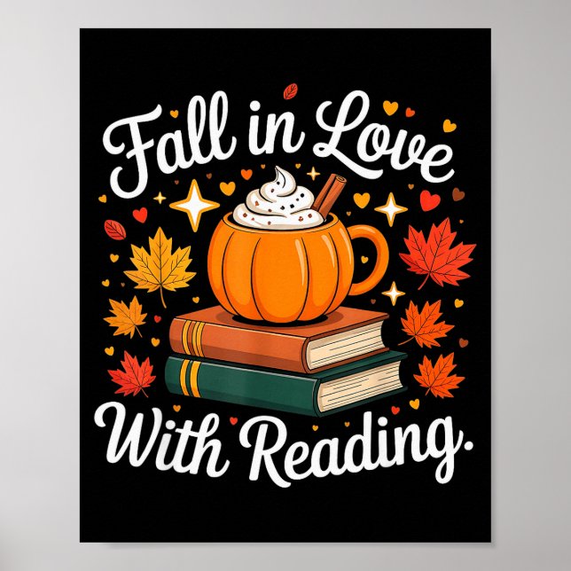 Poster Fall In Love With Reading Autumn Pumpkin Mug Book  (Devant)