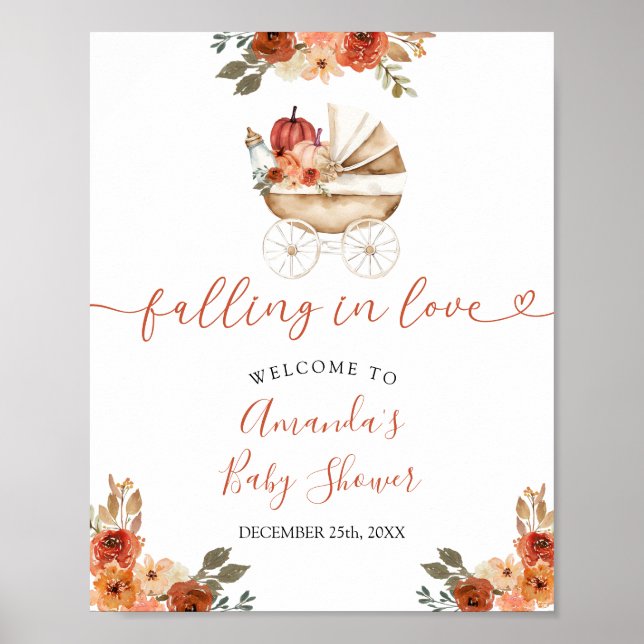 Poster Fall Pumpkin Stroller Floral Baby Shower Welcome (Devant)