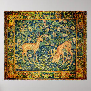 Poster FALLOW DEER PAIR,GOTHIC FANTASY FLOWERS,Green