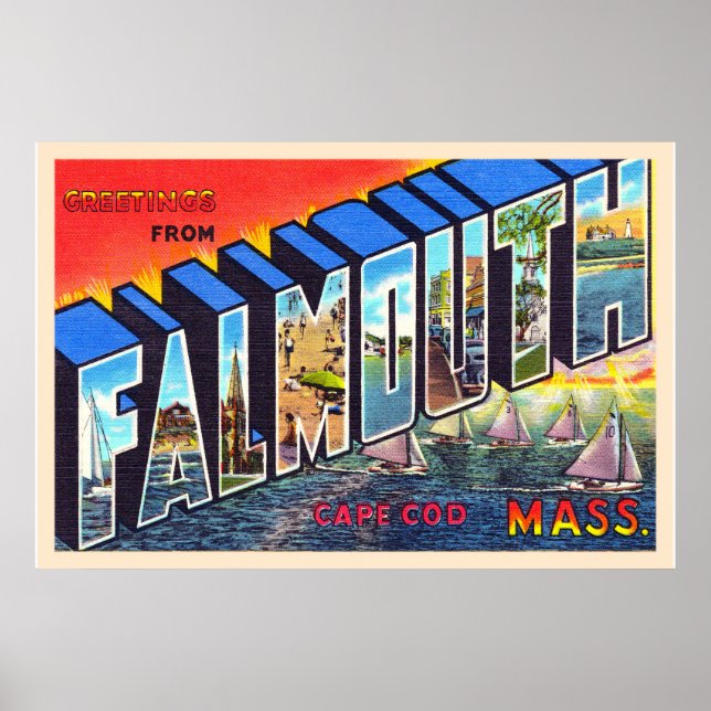 Poster Falmouth Cape Cod Massachusetts Carte postale Vint (Devant)