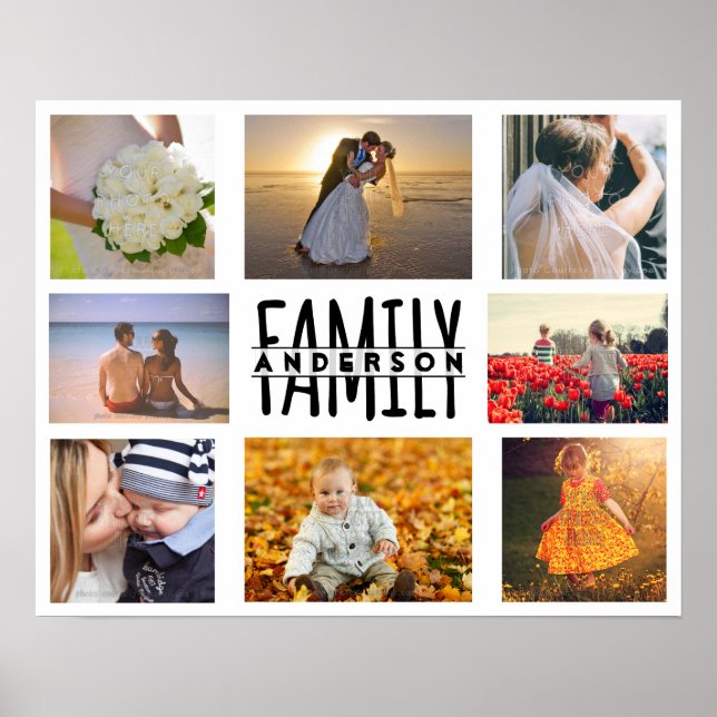 Poster Famille 8 Photo Collage Modèle Plus Ajouter le nom (Devant)