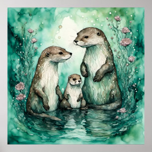 Poster Famille adorable de Otter avec Baby Otter