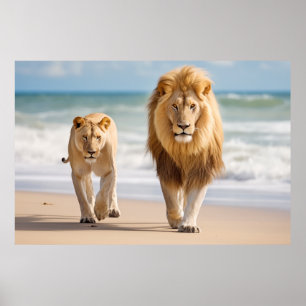 Poster Famille d'animaux de lions errant la nature