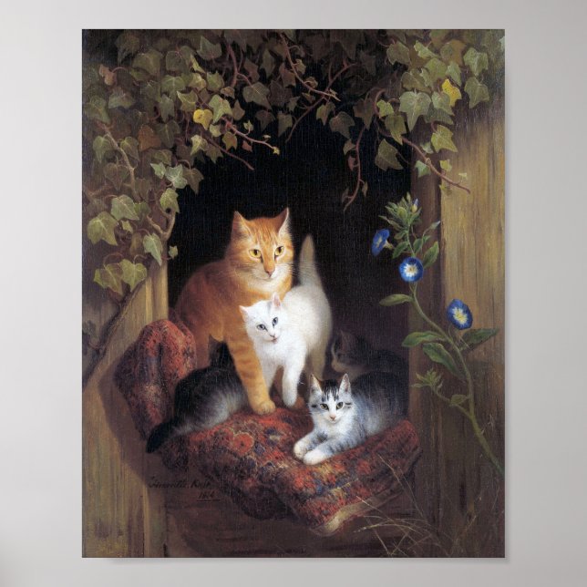 Poster Famille de chats et feuille d'ivoire par Henriette (Devant)