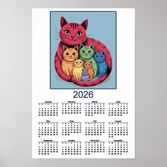 Poster Famille de Chats Mignons Calendrier 2026 des Chats (Devant)