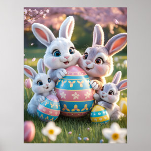 Poster Famille de lapins 3D joyeuse avec un œuf de Pâques