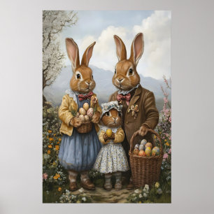 Poster Famille de lapins de Pâques vintage, nurserie prin