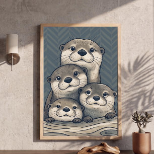 Poster Famille de loutres mignonnes - Art pour nurserie -