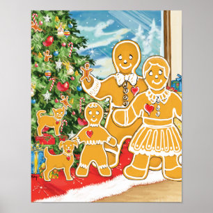 Poster Famille De Pain D'Or Avec Leur Arbre De Noël