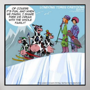 Poster Famille de vaches faisant du ski sur neige drôle