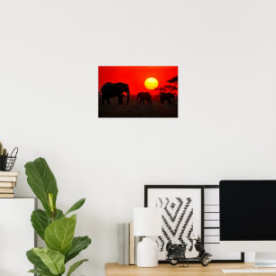 Poster Famille d'éléphants au coucher du soleil
