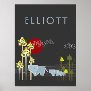 Poster Famille D'Éléphants Whimsical Dans La Forêt Et Le 