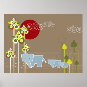Poster Famille D'Éléphants Whimsical Dans La Forêt Et Le 