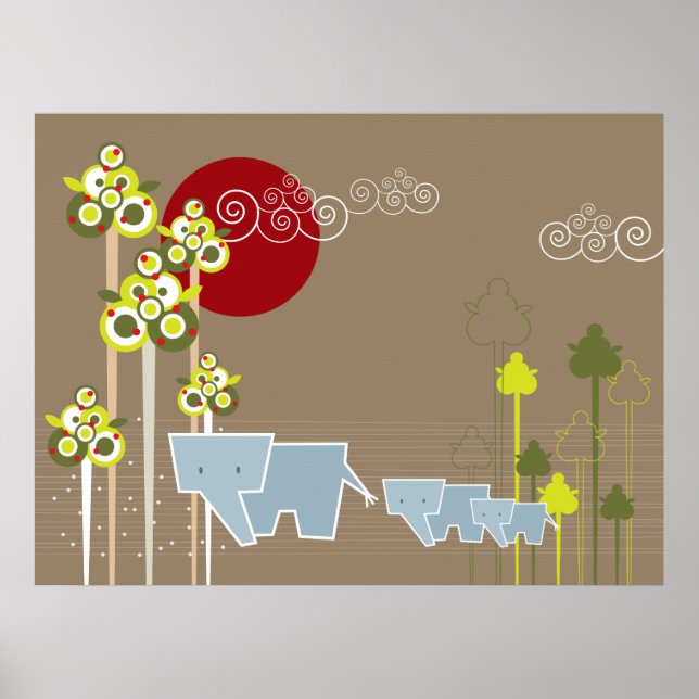 Poster Famille D'Éléphants Whimsical Dans La Forêt Et Le  (Devant)