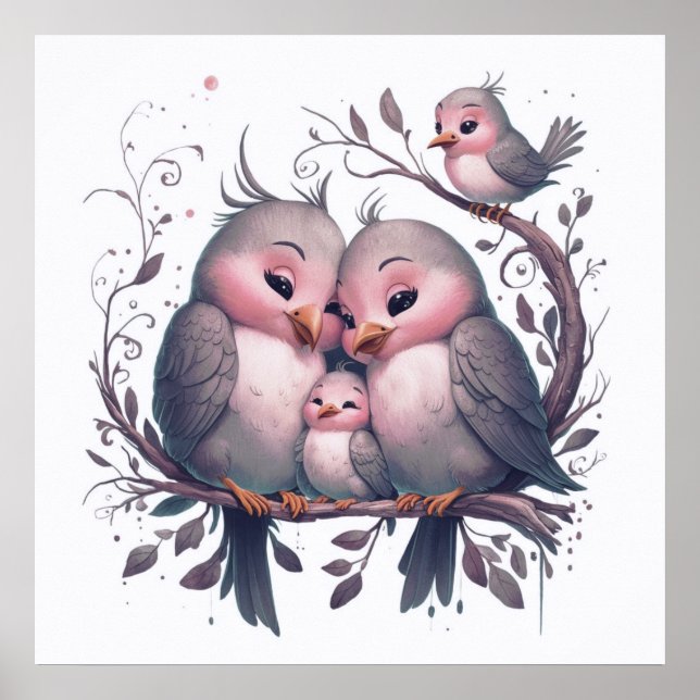 Poster Famille d'oiseaux d'aquarelle avec enfants#5 (Devant)