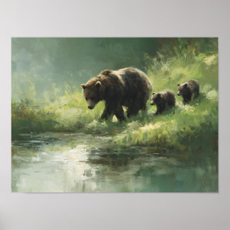 Poster Famille d'ours grizzly au bord de la rivière 