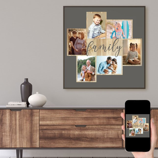 Poster Famille Photo Collage Bois Look Cadre gris chaud (Créateur téléchargé)