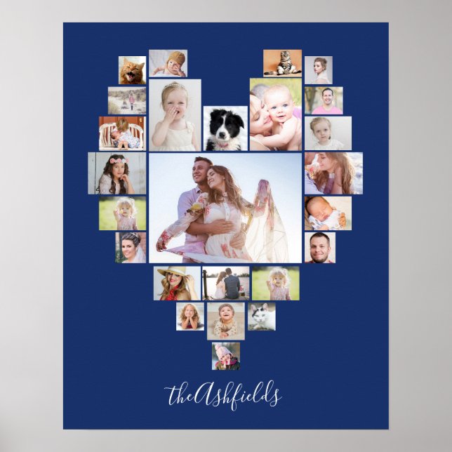 Poster Famille Photo Collage Coeur 25 Photos Nom Bleu (Devant)