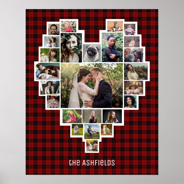 Poster Famille Photo Collage Coeur 25 Photos Nom Red Plai (Devant)