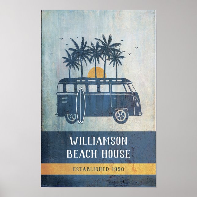 Poster Famille Summer Beach House Retro Van Monogrammed (Devant)