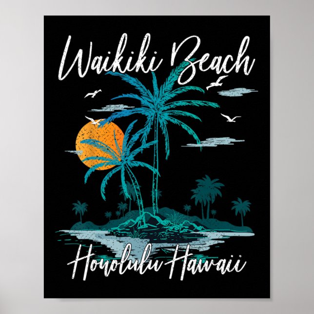 Poster Famille Vacances Retro Sunset Honolulu Hawaii Waik (Devant)