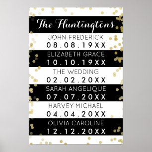 Poster Family Names & Dates Black Stripes & Gold Confetti