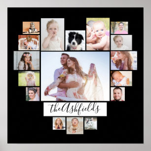 Poster Family Photo Collage Heart 17 Pictures Nom Noir