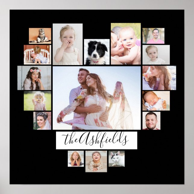 Poster Family Photo Collage Heart 17 Pictures Nom Noir (Devant)