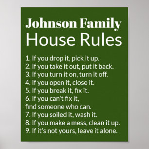 Poster Family's House Rules Dark Green et White Modèle