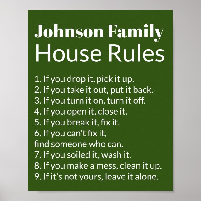 Poster Family's House Rules Dark Green et White Modèle (Devant)