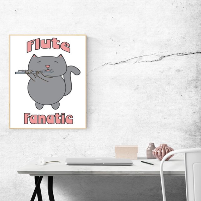 Poster Fanatique de flûte Chat Gris Rose Drôle (A poster featuring a gray cat playing the flute and the words Flute Fanatic in pink)