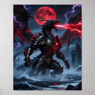 Poster Fantaisie de dragon noir armé de lune de sang roug