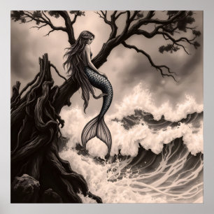 Poster Fantastique Mythique Sirène assise sur une branche