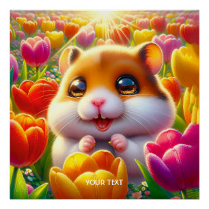 Poster Fantasy Cute Happy Hamster Tulips