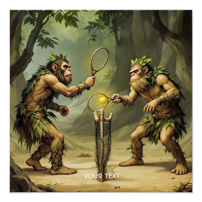 Poster Fantasy Cute Neandertals Playing Tennis (Devant)