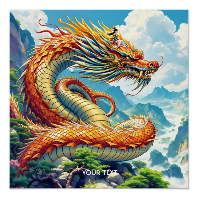 Poster Fantasy Cute Orange Dragon Mountains (Devant)