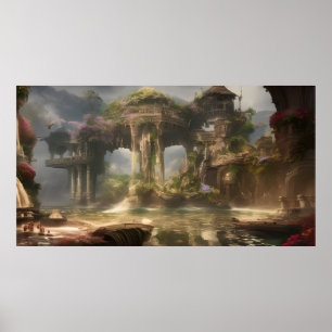 Poster Fantasy summer vacation resort with a lake